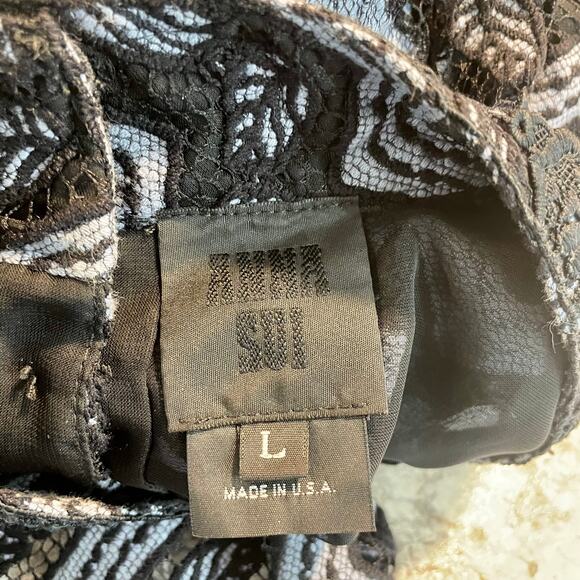 Anna Sui Top Blue Black Chevron Lace Bell Sleeve High Neck Cottagecore Large - Picture 5 of 10